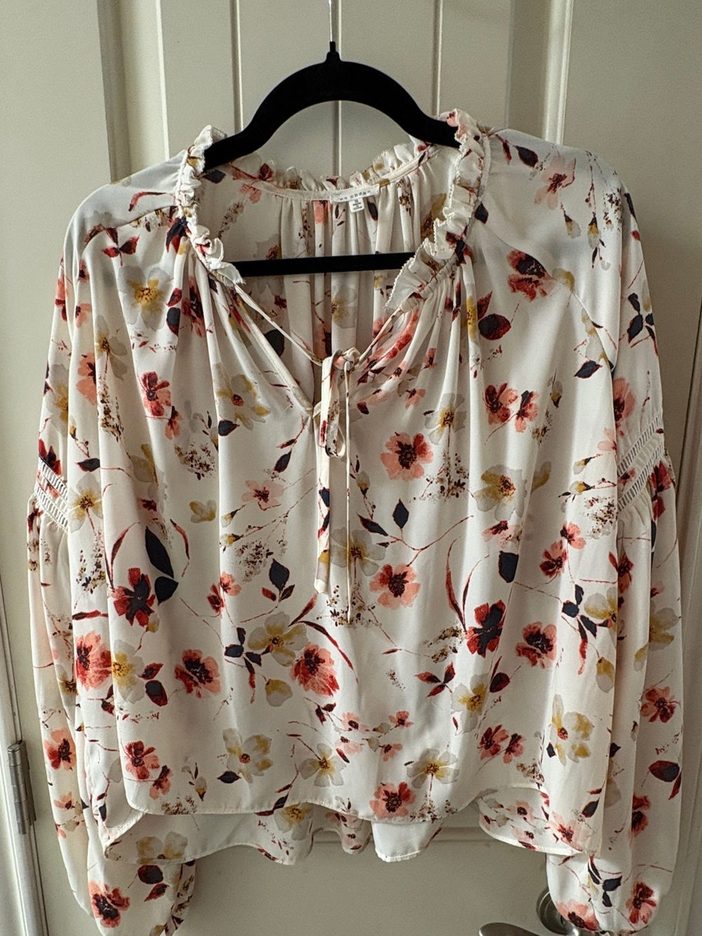 Women's Floral Tie-Neck Blouse in White with Pink & Yellow Print